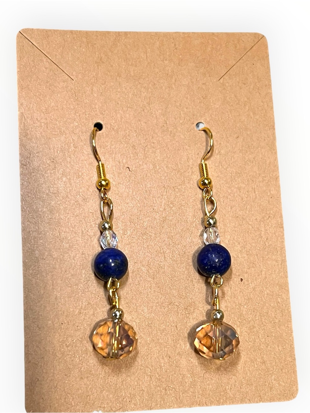 New, artisan crafted dangle earrings. Lapis lazuli with pyrite, crystal beads.